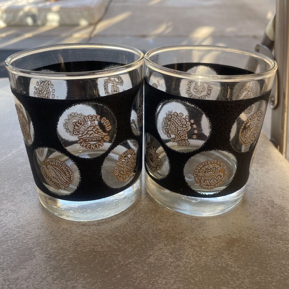Vintage 1960's Libby Hollywood Regency Textured Glasses Set Of 2 Black And Gold